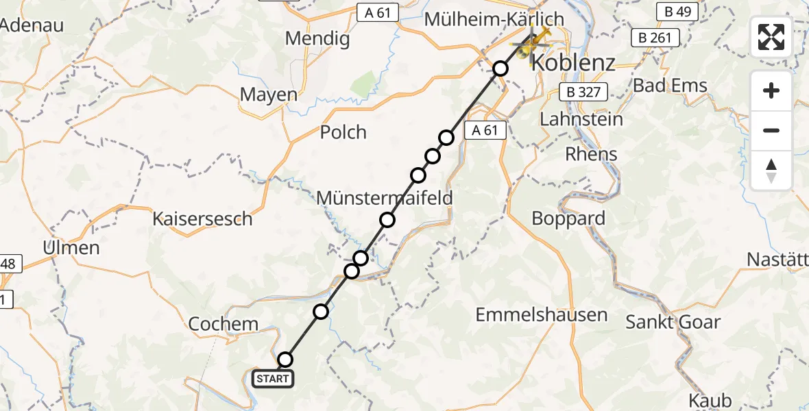 Flugroute Rettungshubschrauber Ellenz-Poltersdorf - Koblenz, 26 Juli 2026, 11:05