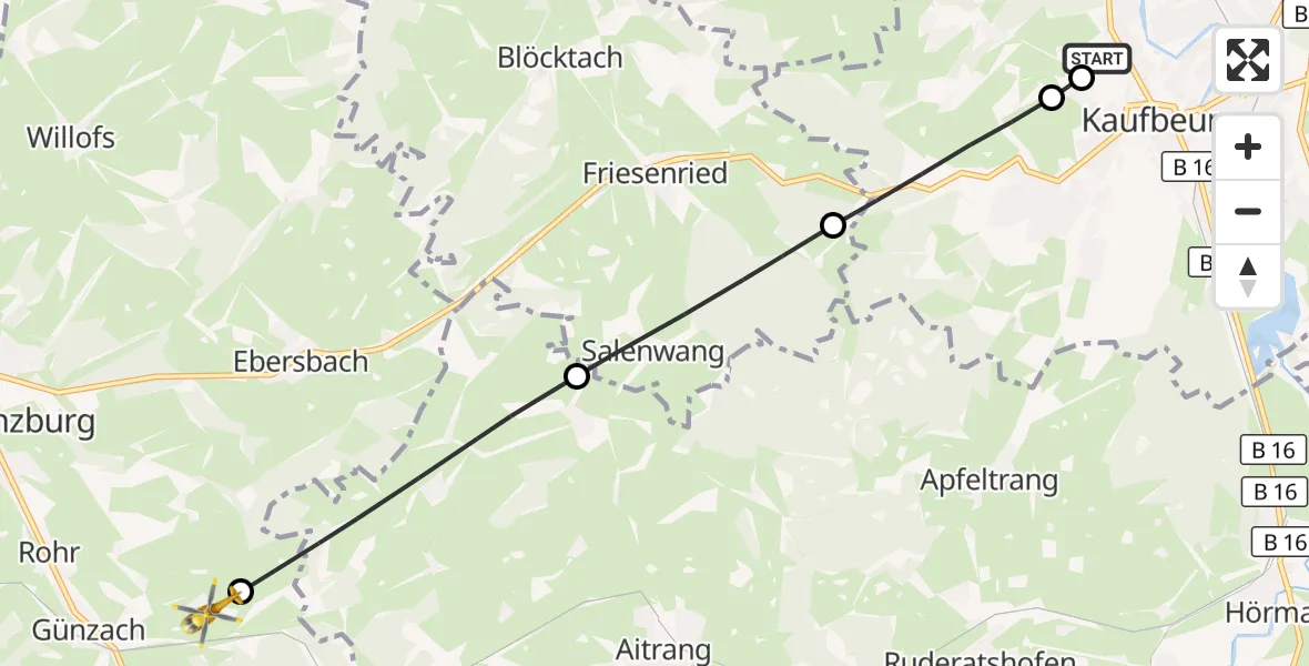 Flugroute Rettungshubschrauber Ostallgäu-Kaufbeuren Hospital - Günzach, 26 Juli 2026, 11:06