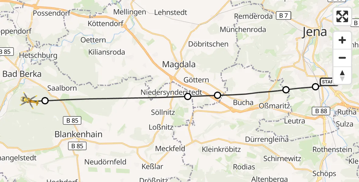Flugroute Ambulanzhubschrauber Lobeda Hubschrauberlandeplatz - Bad Berka, 26 Juli 2026, 11:09