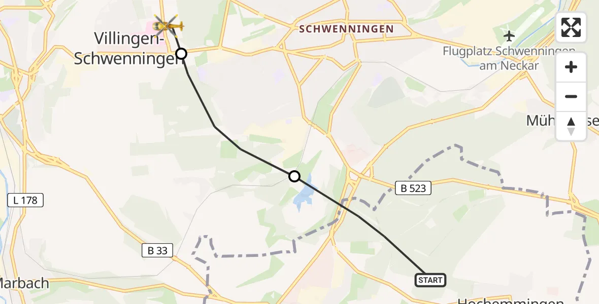Flugroute Ambulanzhubschrauber Bad Dürrheim - DRF Air Rescue Station Villingen-Schwenningen Hubschrauberlandeplatz (Christoph 11), 26 Juli 2026, 11:14