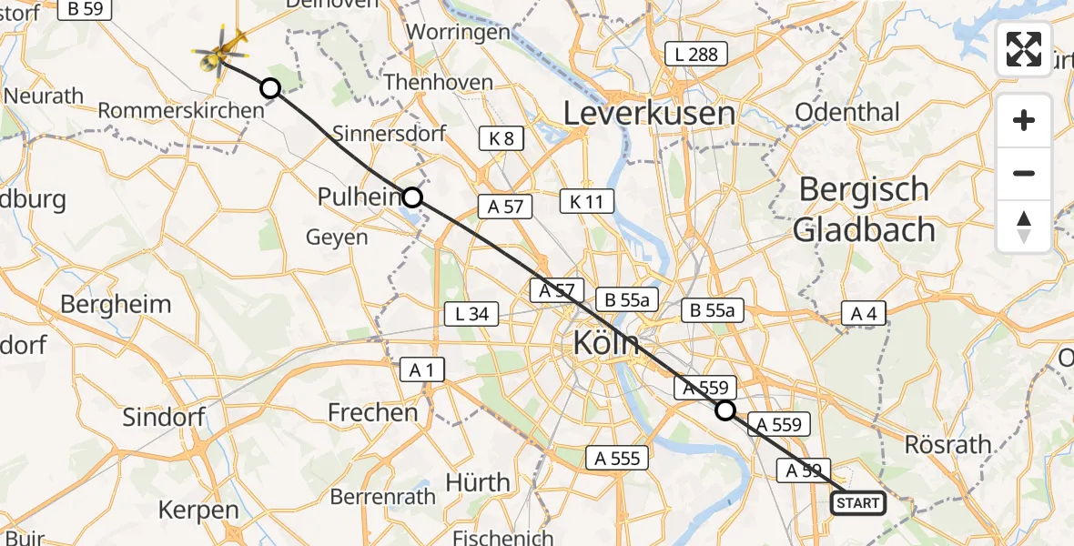 Flugroute Rettungshubschrauber Köln Bonn Flughafen - Rommerskirchen, 26 Juli 2026, 11:17