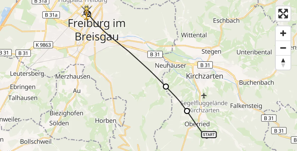 Flugroute Ambulanzhubschrauber Oberried - Freiburg University Hospital Heliport 1, 26 Juli 2026, 11:20
