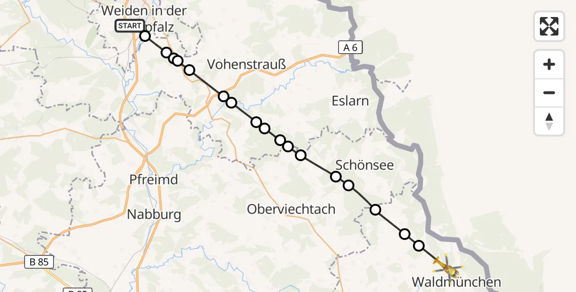 Flugroute Ambulanzhubschrauber Weiden i.d.OPf. - Waldmünchen, 26 Juli 2026, 11:24