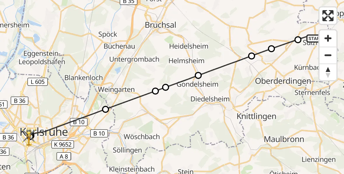 Flugroute Ambulanzhubschrauber Sulzfeld - Sankt Vincentius Hospital, 26 Juli 2026, 11:27