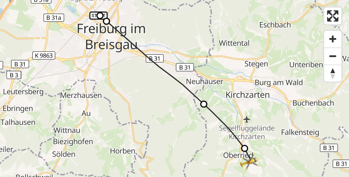 Flugroute Ambulanzhubschrauber Freiburg University Hospital Heliport 1 - Oberried, 26 Juli 2026, 11:34