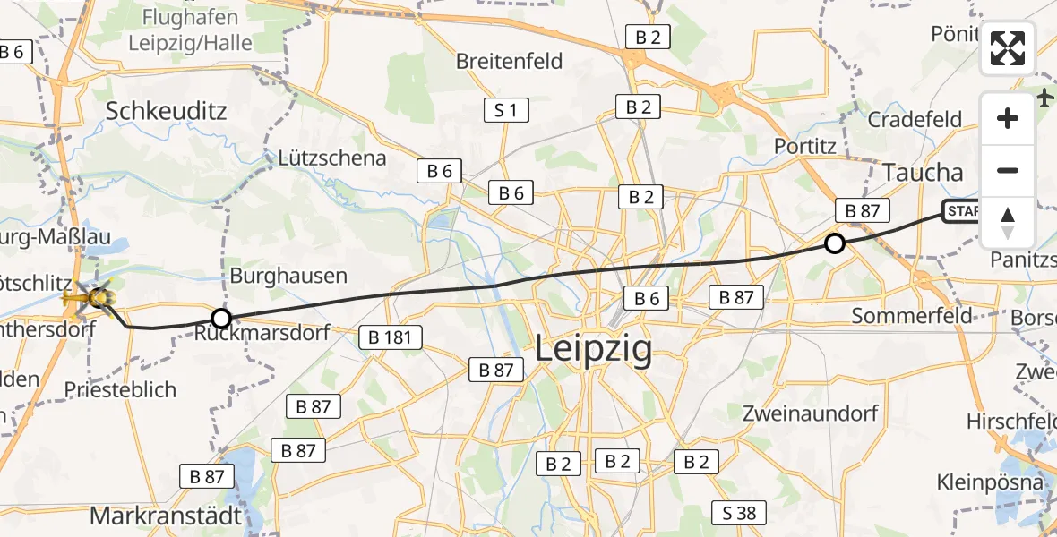 Flugroute Rettungshubschrauber Taucha - ADAC Air Rescue Station Leipzig/Schkeuditz-Dölzig Hubschrauberlandeplatz (Christoph 61), 26 Juli 2026, 11:40