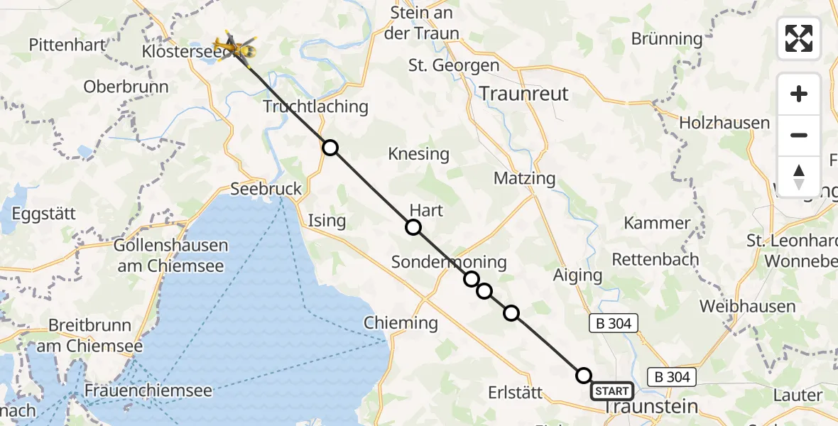Flugroute Rettungshubschrauber Traunstein Hospital - Seeon-Seebruck, 26 Juli 2026, 11:42
