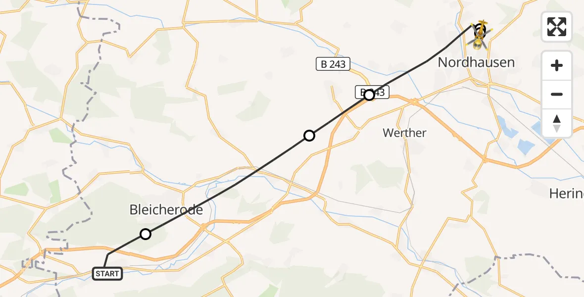 Flugroute Rettungshubschrauber Sollstedt - Südharz Hospital Nordhausen, 26 Juli 2026, 11:43