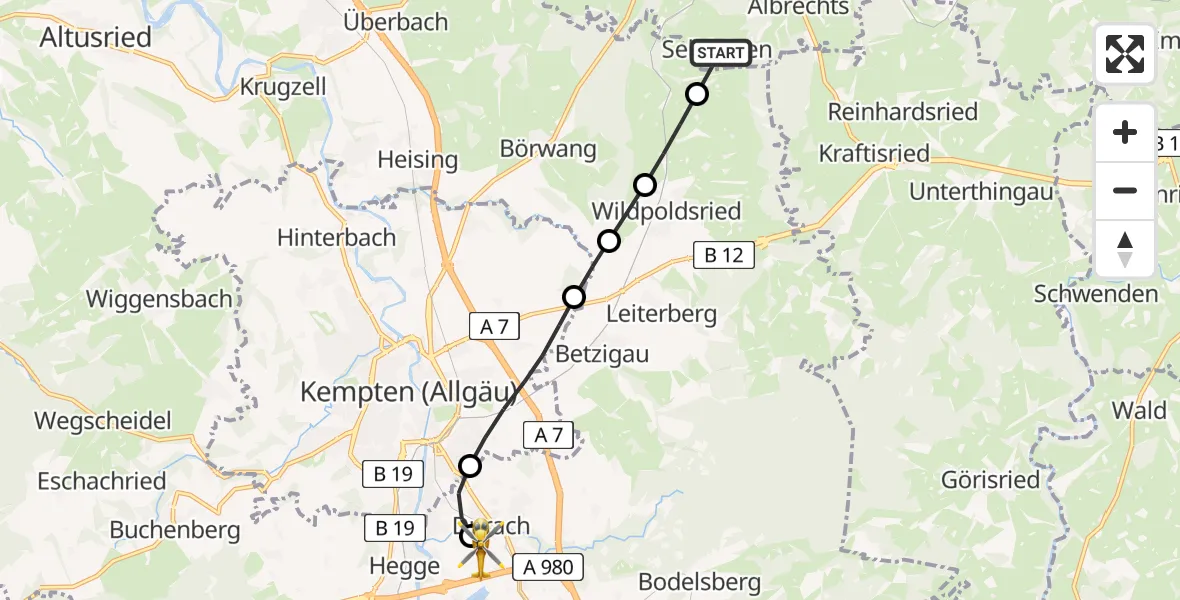 Flugroute Rettungshubschrauber Günzach - Kempten-Durach Flugplatz, 26 Juli 2026, 11:43