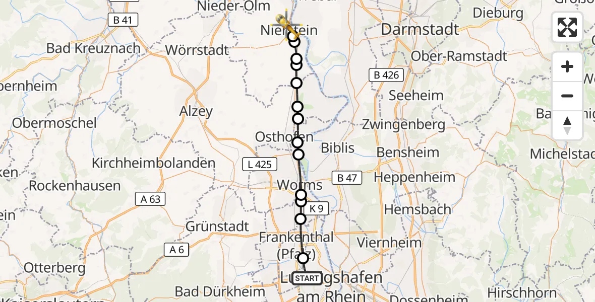 Flugroute Rettungshubschrauber Ludwigshafen am Rhein - Nierstein, 26 Juli 2026, 11:44