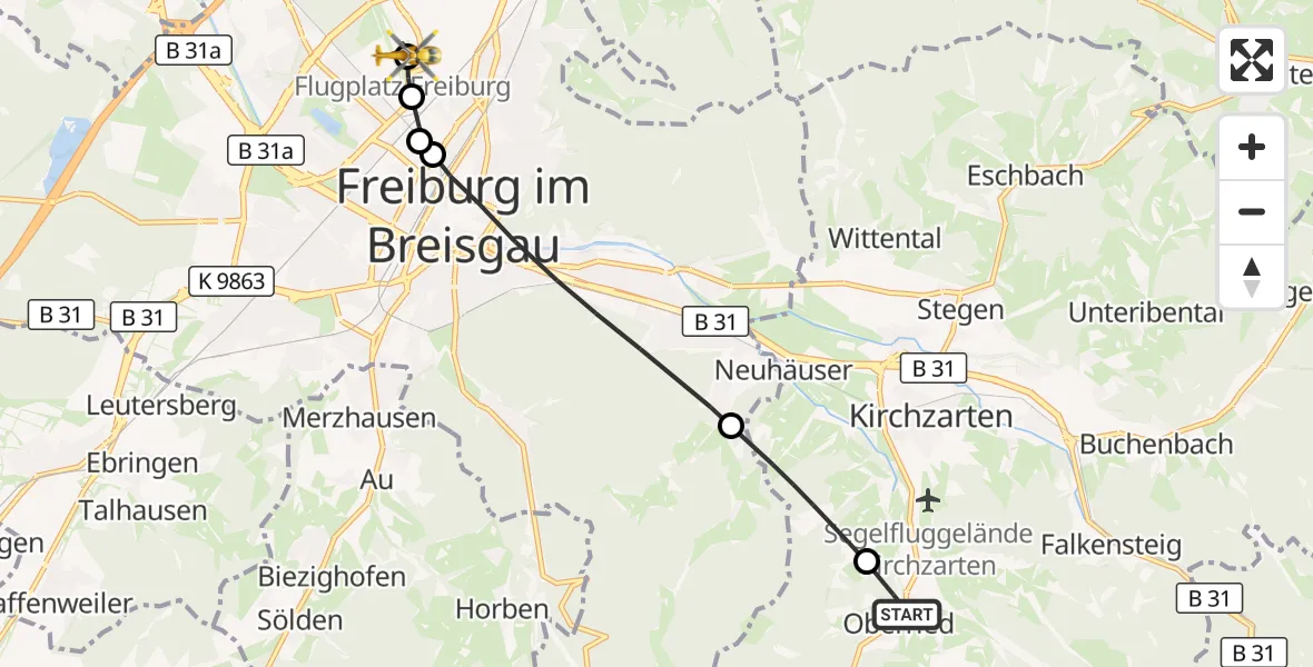 Flugroute Ambulanzhubschrauber Oberried - Freiburg im Breisgau Flugplatz, 26 Juli 2026, 11:51