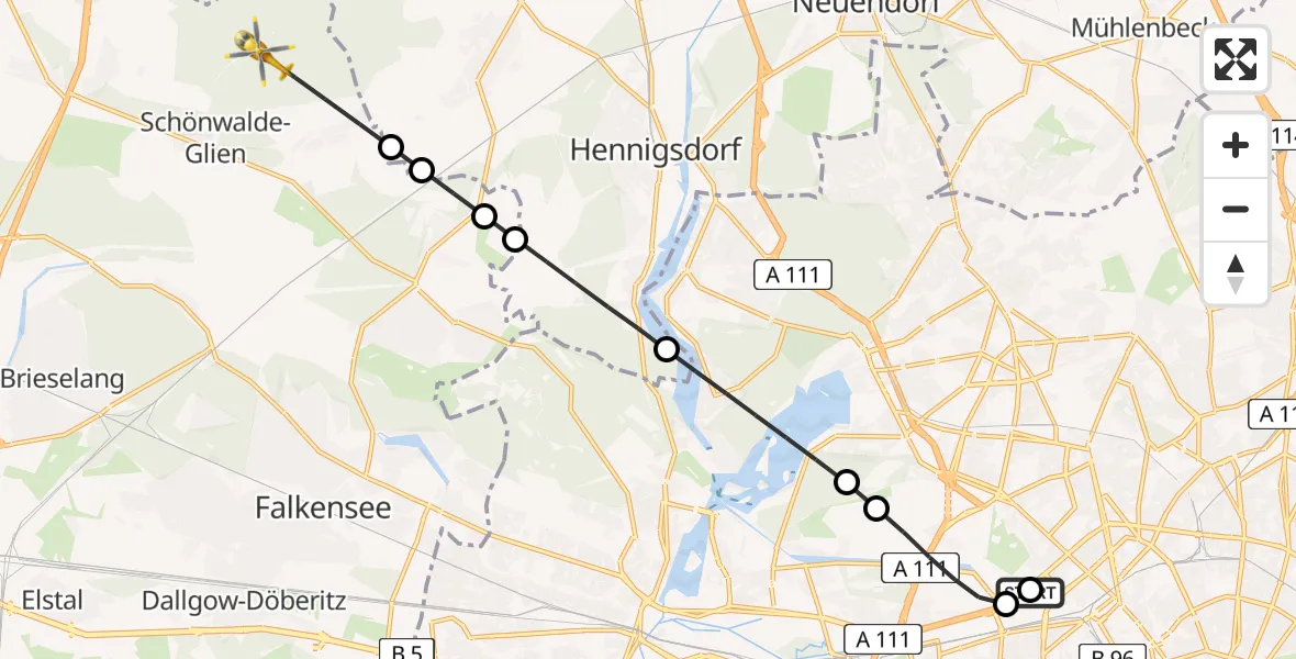 Flugroute Rettungshubschrauber Charité Clinic Virchow Campus - Schönwalde-Glien, 26 Juli 2026, 11:51