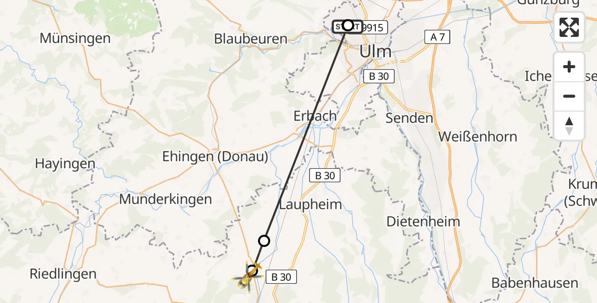 Flugroute Rettungshubschrauber Ulm Military Hospital Emergency - Warthausen, 26 Juli 2026, 11:58