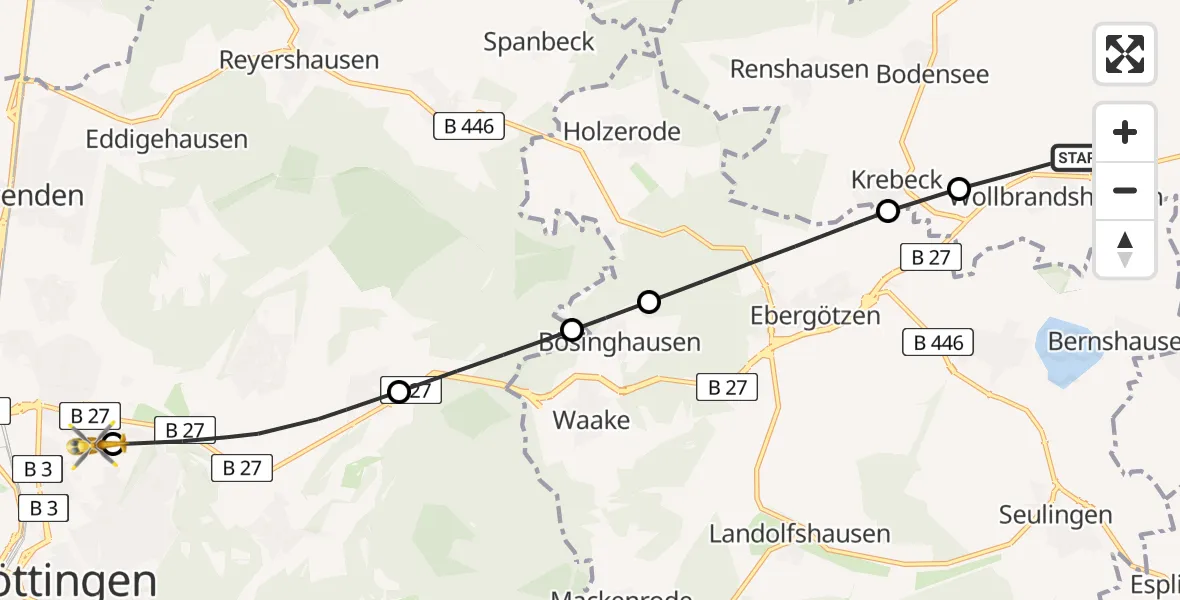 Flugroute Rettungshubschrauber Wollbrandshausen - Göttingen University Clinic Hubschrauberlandeplatz, 26 Juli 2026, 12:08