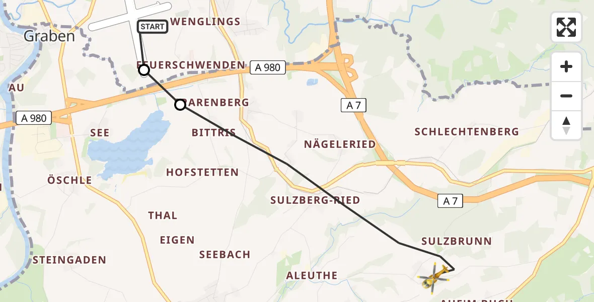 Flugroute Rettungshubschrauber Kempten-Durach Flugplatz - Sulzberg, 26 Juli 2026, 12:09