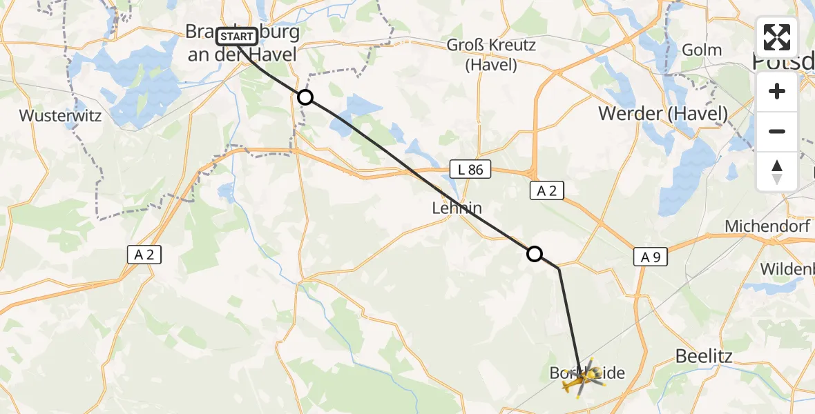 Flugroute Rettungshubschrauber Brandenburg an der Havel - Borkheide, 26 Juli 2026, 12:09