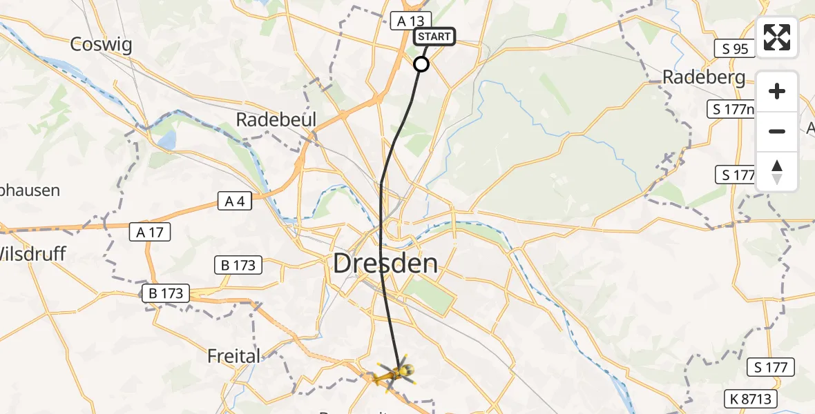 Flugroute Rettungshubschrauber Dresden Flughafen - Dresden, 26 Juli 2026, 12:12