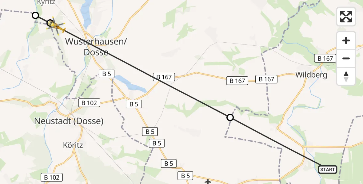 Flugroute Rettungshubschrauber Temnitztal - Wusterhausen/Dosse, 26 Juli 2026, 12:20
