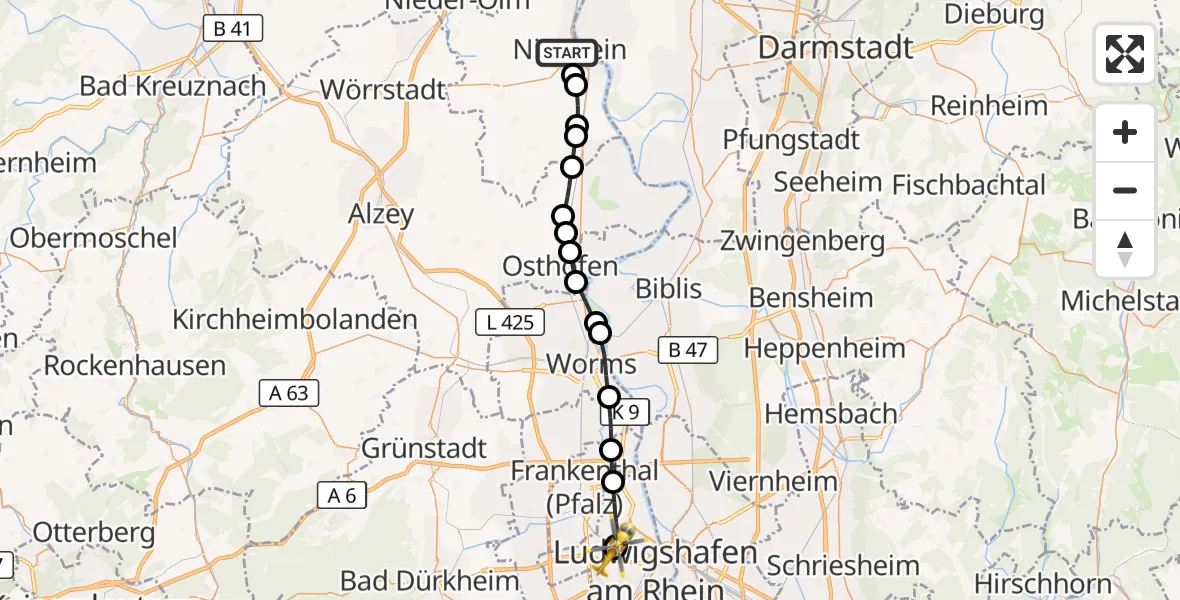 Flugroute Rettungshubschrauber Nierstein - Ludwigshafen Accident Hospital, 26 Juli 2026, 12:25