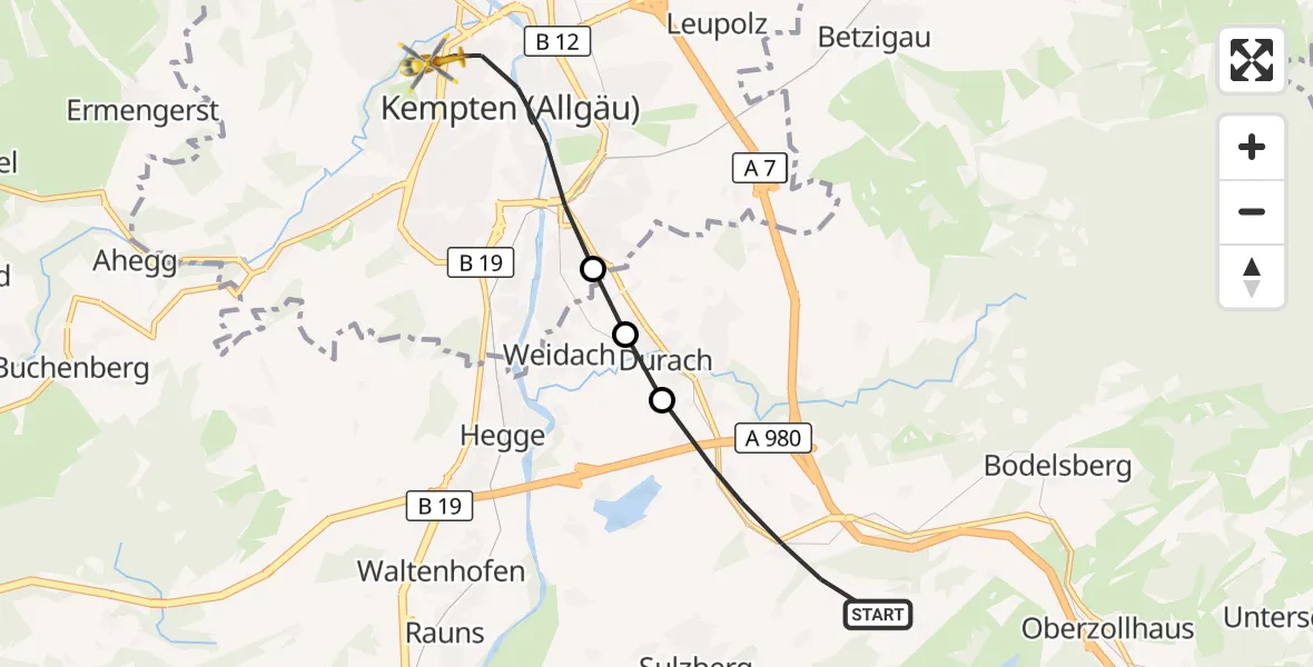 Flugroute Rettungshubschrauber Sulzberg - Kempten (Allgäu), 26 Juli 2026, 12:27