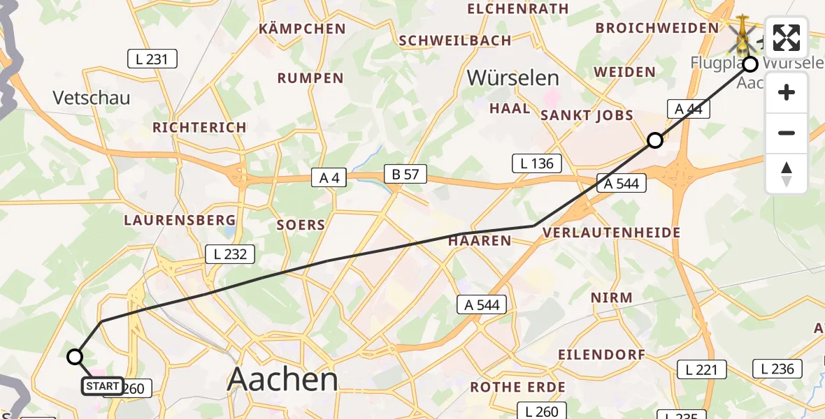 Flugroute Rettungshubschrauber Aachen Hospital - Aachen-Merzbrück Flughafen, 26 Juli 2026, 12:29