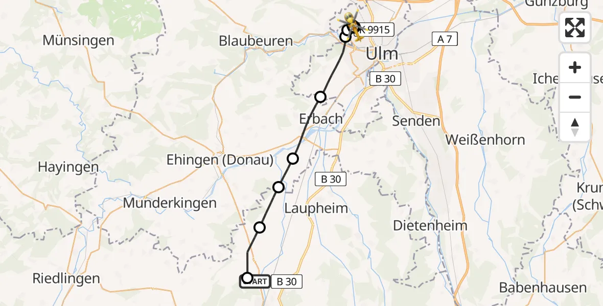Flugroute Rettungshubschrauber Warthausen - ADAC Air Rescue Station Ulm (Christoph 22), 26 Juli 2026, 12:35