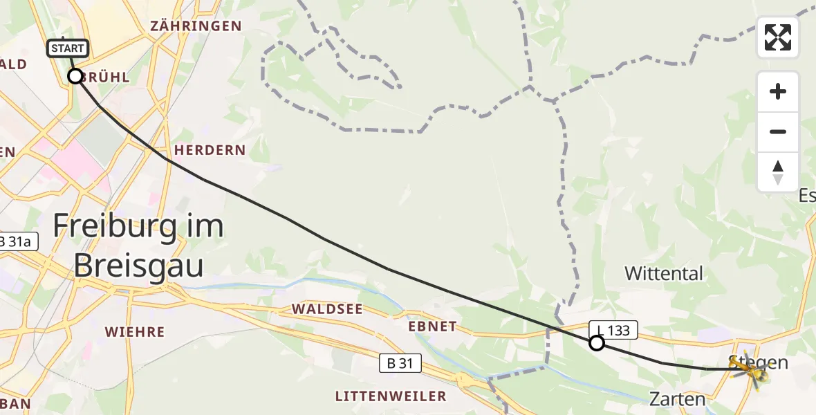 Flugroute Ambulanzhubschrauber Freiburg im Breisgau Flugplatz - Stegen, 26 Juli 2026, 12:39