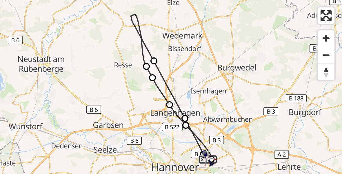 Flugroute Polizeihubschrauber Hannover Luftrettung Hubschrauberlandeplatz (Christoph 4) - Hannover Luftrettung Hubschrauberlandeplatz (Christoph 4), 26 Juli 2026, 12:40