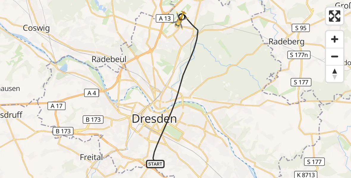 Flugroute Rettungshubschrauber Dresden - Dresden Bundespolizei Hubschrauberlandeplatz, 26 Juli 2026, 12:45