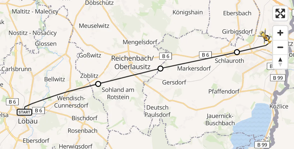 Flugroute Rettungshubschrauber Löbau - Görlitz Hospital, 26 Juli 2026, 12:46