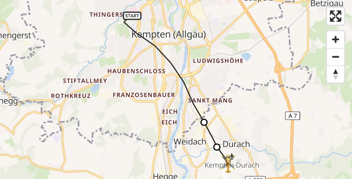 Flugroute Rettungshubschrauber Kempten (Allgäu) - Kempten-Durach Flugplatz, 26 Juli 2026, 12:48