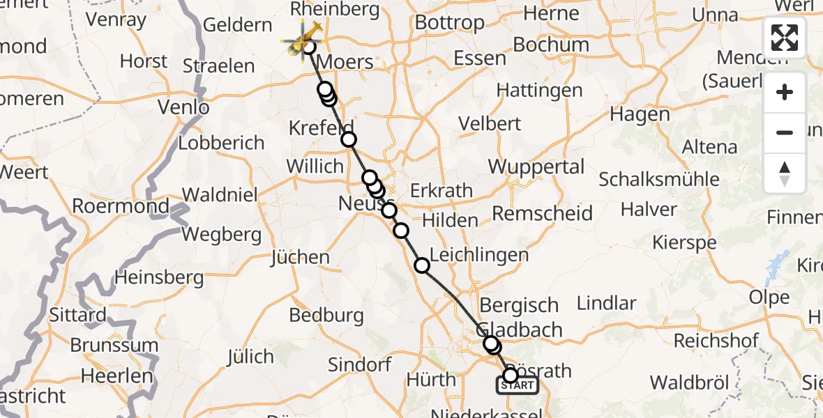 Flugroute Ambulanzhubschrauber Köln Bonn Flughafen - Kamp-Lintfort, 26 Juli 2026, 12:51