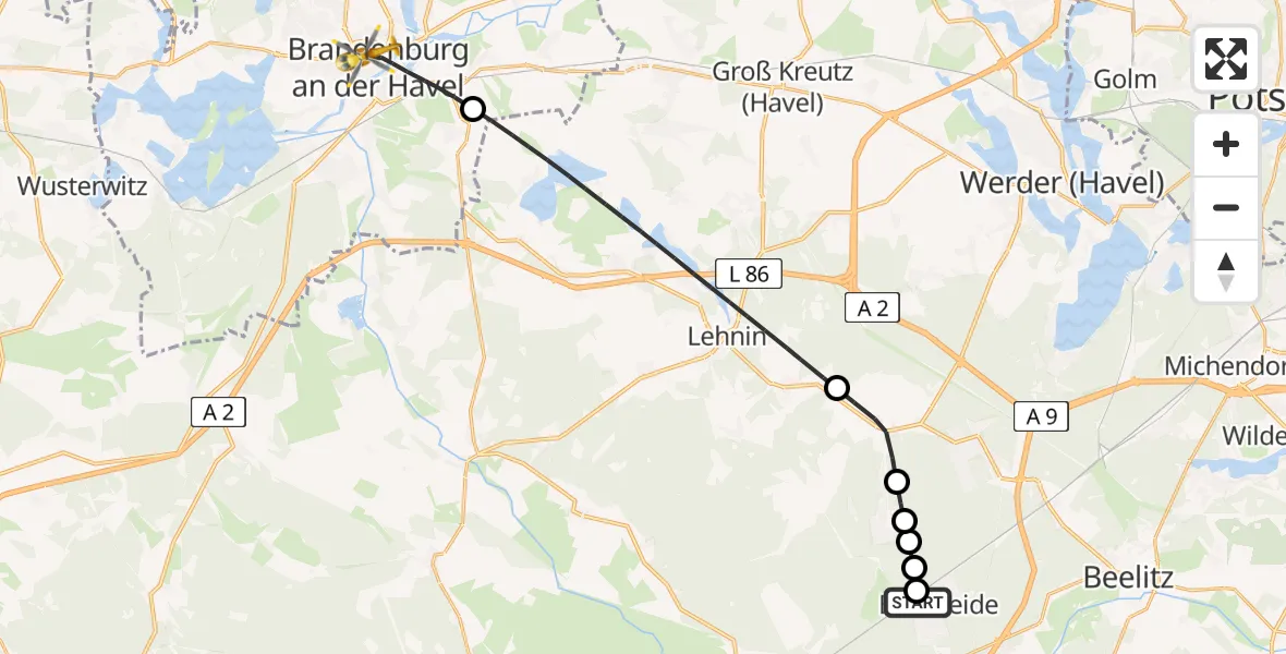 Flugroute Rettungshubschrauber Borkheide - Brandenburg an der Havel, 26 Juli 2026, 12:54