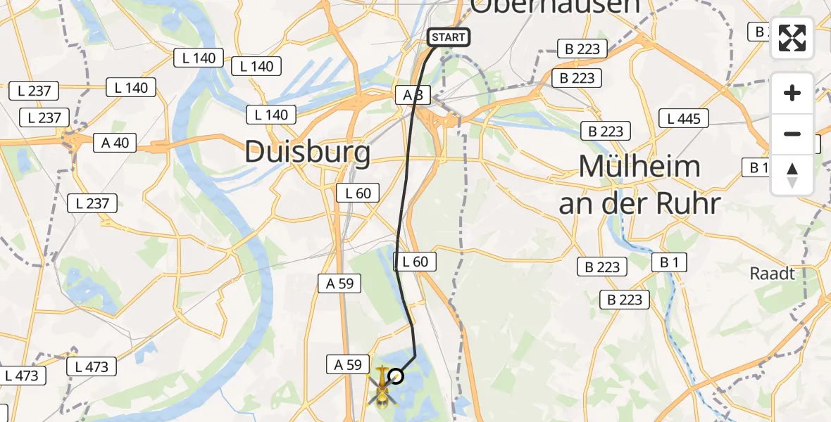 Flugroute Rettungshubschrauber Duisburg - Duisburg Air Rescue Hubschrauberlandeplatz (Christoph 9), 26 Juli 2026, 12:57