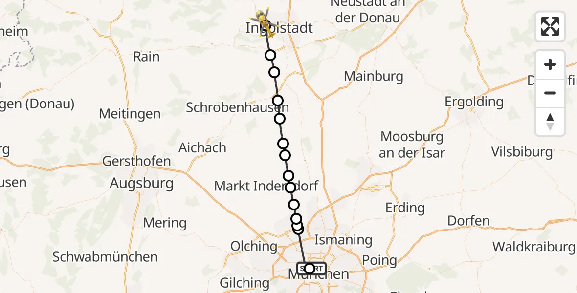 Flugroute Rettungshubschrauber Deutsches Herzzentrum München - Ingolstadt Hospital, 26 Juli 2026, 12:57