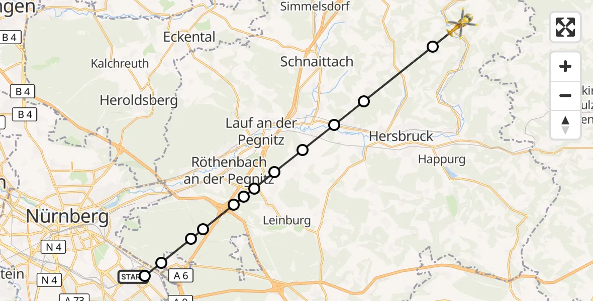 Flugroute Ambulanzhubschrauber Nürnberg South Hospital - Vorra, 26 Juli 2026, 13:04