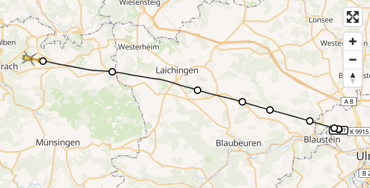 Flugroute Rettungshubschrauber Ulm Military Hospital Emergency - Bad Urach, 26 Juli 2026, 13:12