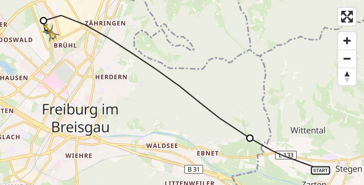 Flugroute Ambulanzhubschrauber Kirchzarten - Freiburg im Breisgau Flugplatz, 26 Juli 2026, 13:14