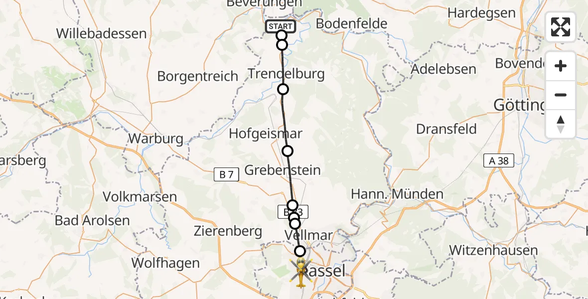Flugroute Rettungshubschrauber Beverungen - Kassel, 26 Juli 2026, 13:20