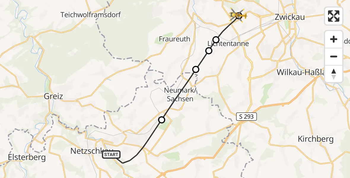 Flugroute Rettungshubschrauber Reichenbach im Vogtland - ADAC Air Rescue Station Zwickau Hubschrauberlandeplatz, 26 Juli 2026, 13:23