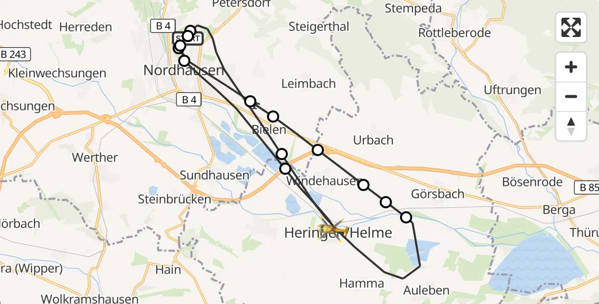 Flugroute Rettungshubschrauber Südharz Hospital Nordhausen - Heringen/Helme, 26 Juli 2026, 13:35