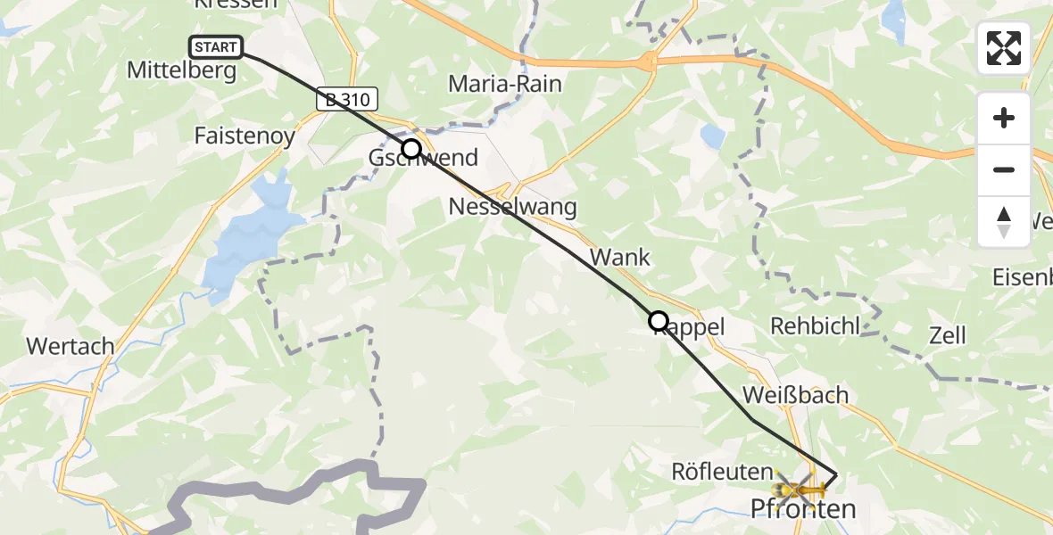 Flugroute Rettungshubschrauber Oy-Mittelberg - Pfronten, 26 Juli 2026, 13:39