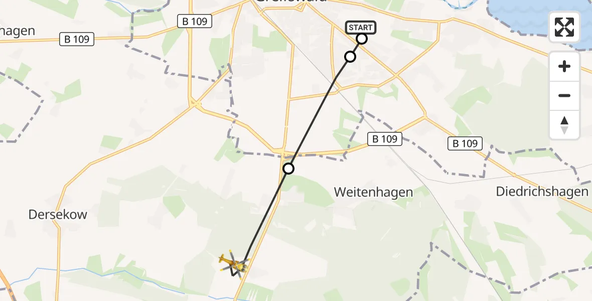 Flugroute Rettungshubschrauber Greifswald Hospital - Weitenhagen, 26 Juli 2026, 13:45