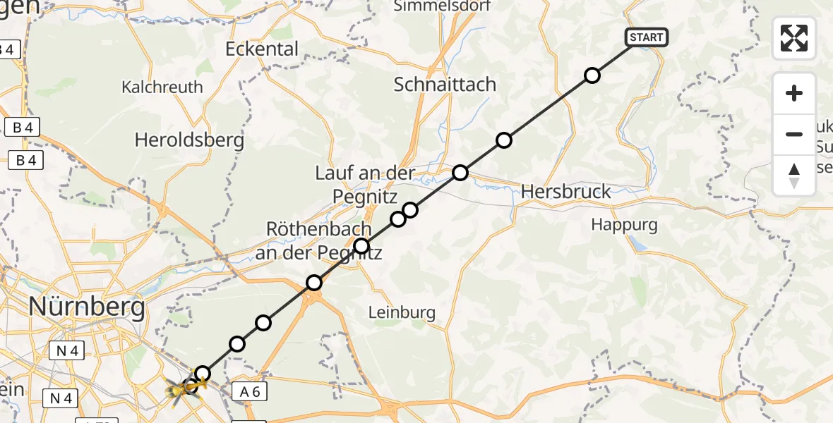 Flugroute Ambulanzhubschrauber Vorra - Nürnberg South Hospital, 26 Juli 2026, 13:47