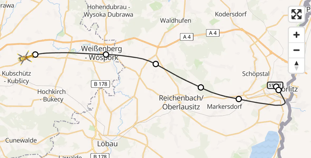 Flugroute Rettungshubschrauber Görlitz Hospital - Bautzen Flugplatz, 26 Juli 2026, 13:48