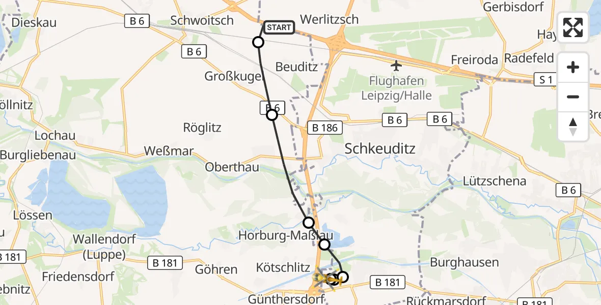 Flugroute Rettungshubschrauber Wiedemar - ADAC Air Rescue Station Leipzig/Schkeuditz-Dölzig Hubschrauberlandeplatz (Christoph 61), 26 Juli 2026, 13:52