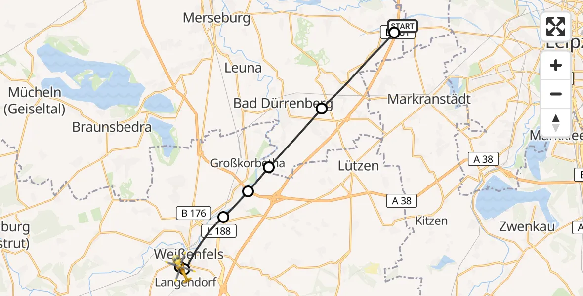 Flugroute Rettungshubschrauber ADAC Air Rescue Station Leipzig/Schkeuditz-Dölzig Hubschrauberlandeplatz (Christoph 61) - Weißenfels, 26 Juli 2026, 13:54