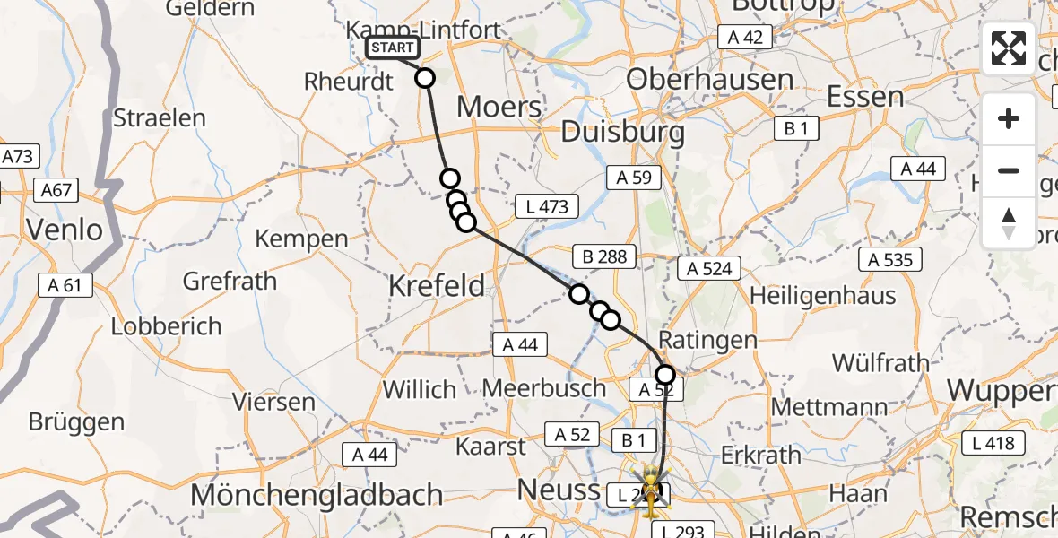 Flugroute Ambulanzhubschrauber Kamp-Lintfort - Düsseldorf University Hospital, 26 Juli 2026, 13:57