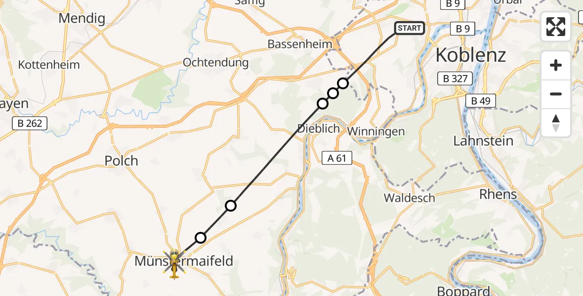 Flugroute Rettungshubschrauber Koblenz - Münstermaifeld, 26 Juli 2026, 14:02