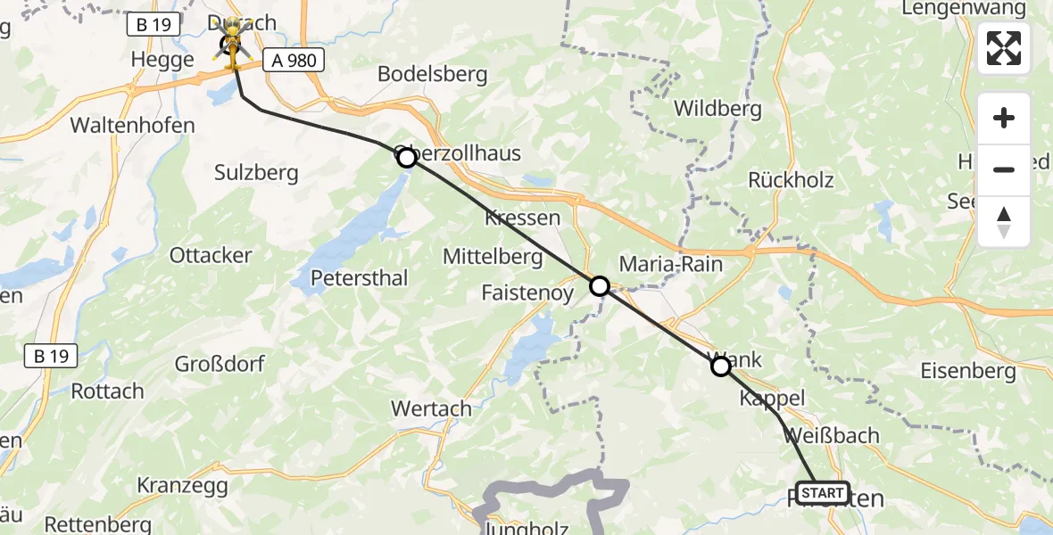Flugroute Rettungshubschrauber Pfronten - Kempten-Durach Flugplatz, 26 Juli 2026, 14:05